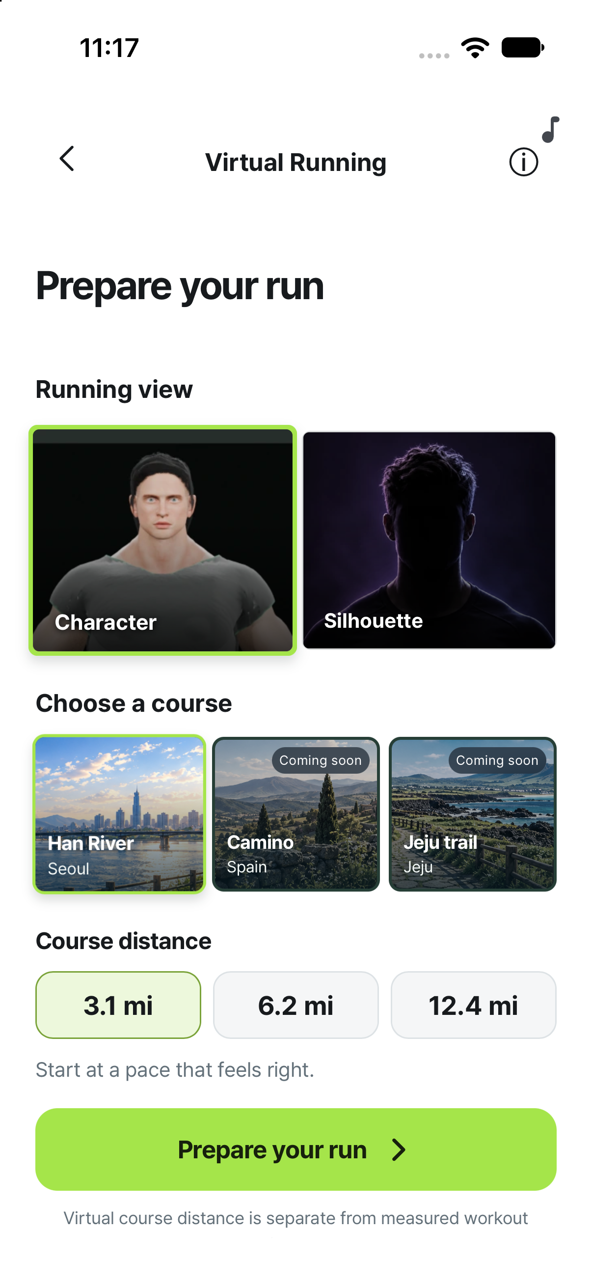 VENO virtual running mode setup screen