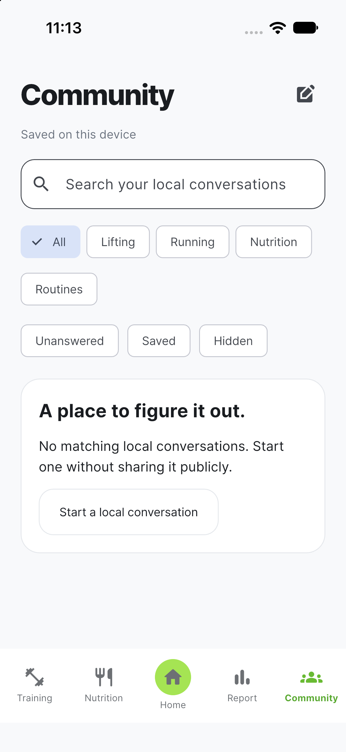 Private community development preview showing topics and locally saved conversations