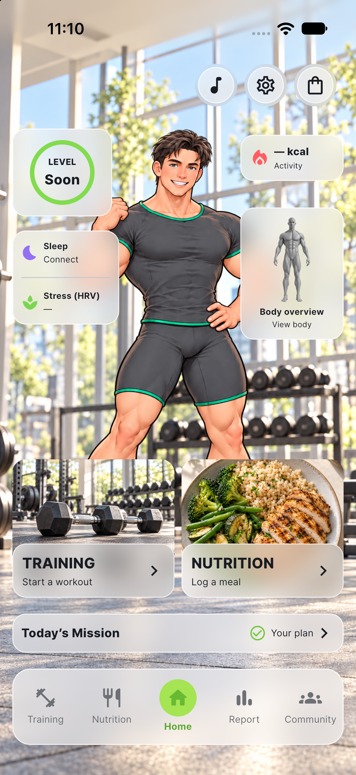 VENO app home screen showing an avatar, training, nutrition, and daily plan with example data