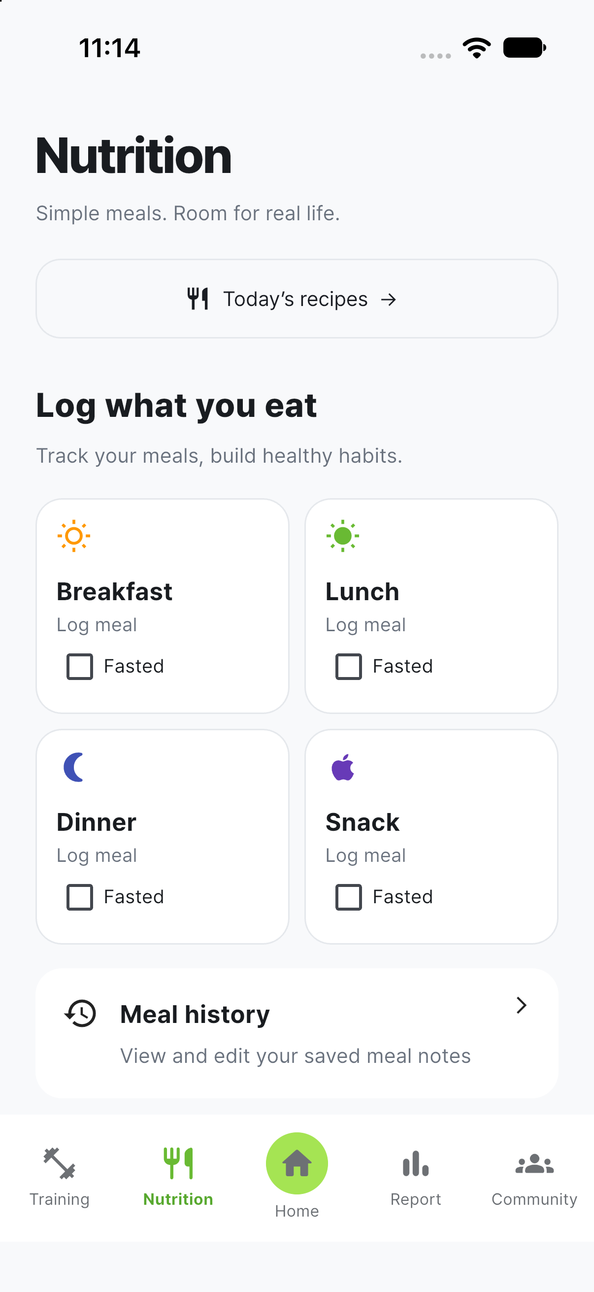 VENO nutrition and meal logging screen