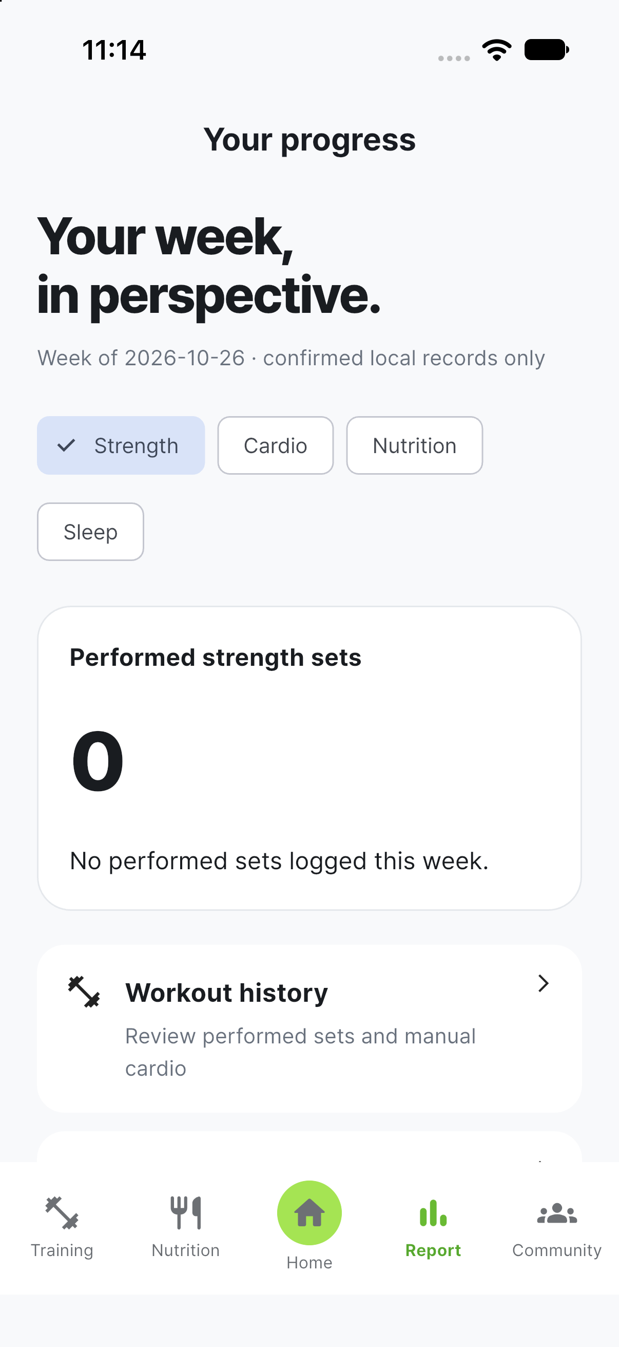 VENO app report screen with sample activity data